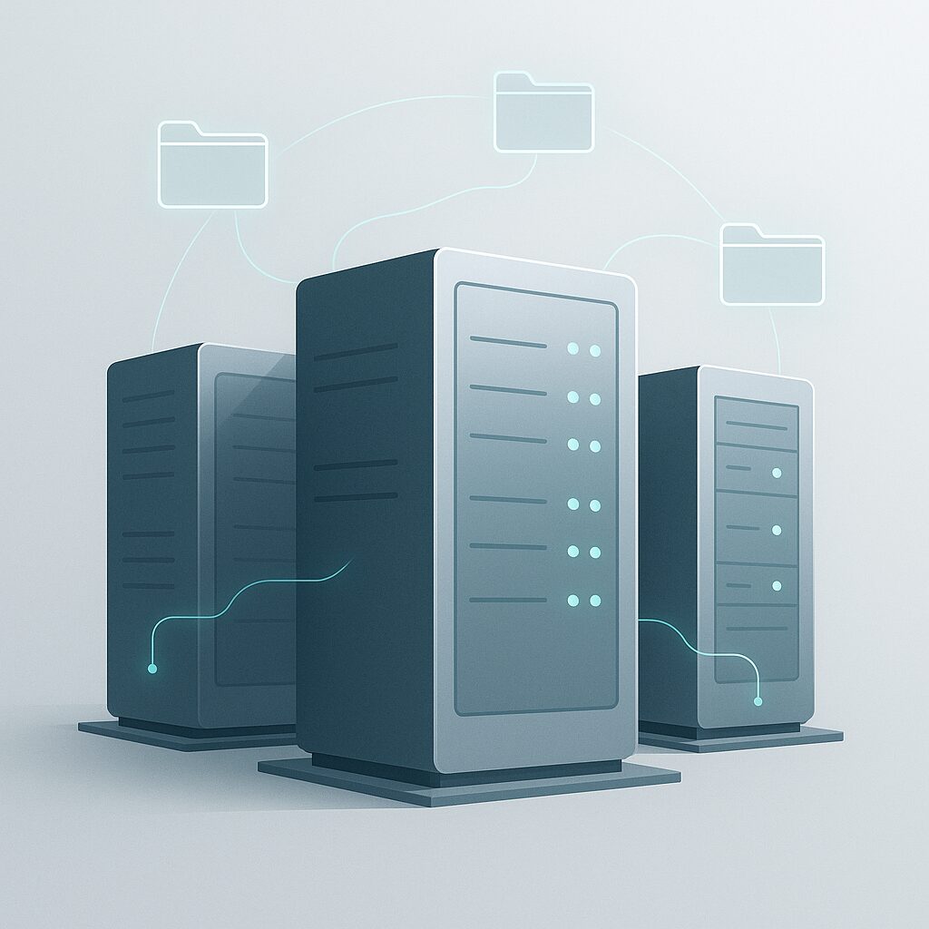 Stilisierte Serverlandschaft mit sicheren Verbindungen – Symbol für E-Mail-Archivierung im Rechenzentrum