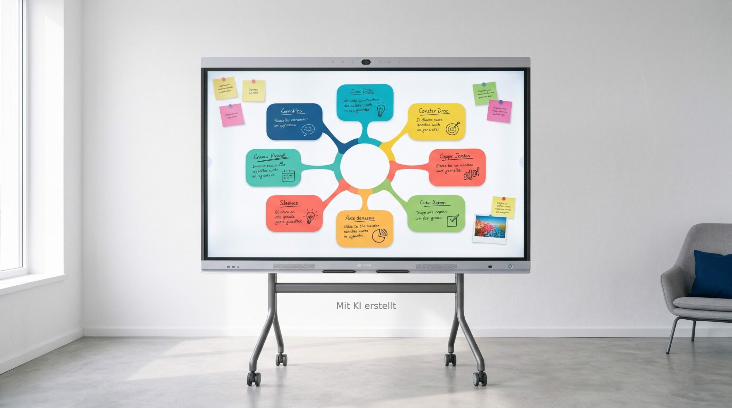 Digitales Whiteboard auf mobilem Rollwagen im Büro - mit KI erstellt, Kiel-IT 2026