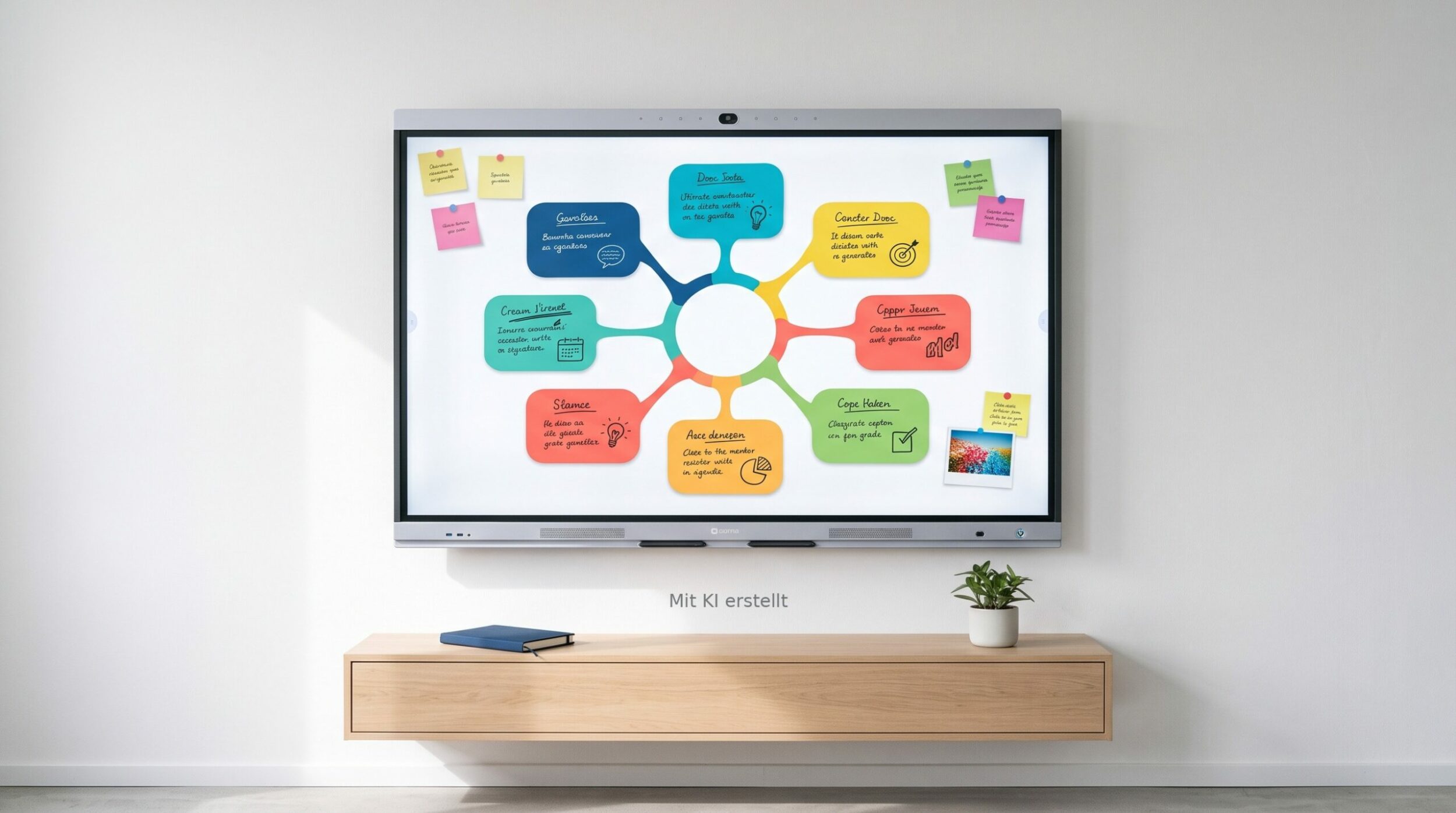 Digitales Whiteboard an der Wand montiert im Meetingraum - mit KI erstellt, Kiel-IT 2026