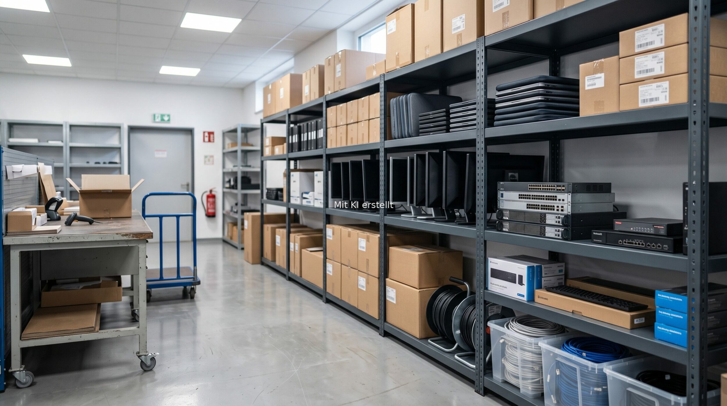 IT-Fachhandel Kiel - Lager mit IT-Hardware im Schwerlastregal - mit KI erstellt, Kiel-IT 2026